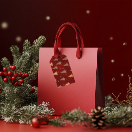 Étiquettes-cadeau Arbres de Noël en or sur le rouge