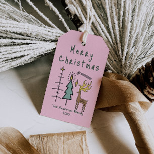 Étiquettes-cadeau Arbres de Noël Funky Rose Peints à la Main Renne