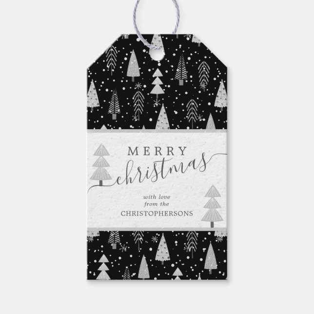 Étiquettes-cadeau Arbres de Noël modernes MERRY CHRISTMAS Script (Devant)