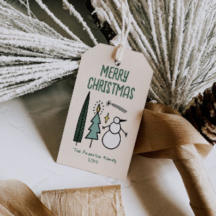 Étiquettes-cadeau Arbres de Noël peints à la main en vert Bonhomme d