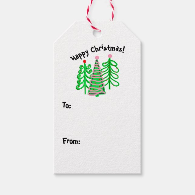 Étiquettes-cadeau Arbres de Noël rose vert (Devant)