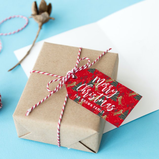 Étiquettes-cadeau Arbres de Noël & tigres motif rouge arrière - plan (Créateur téléchargé)