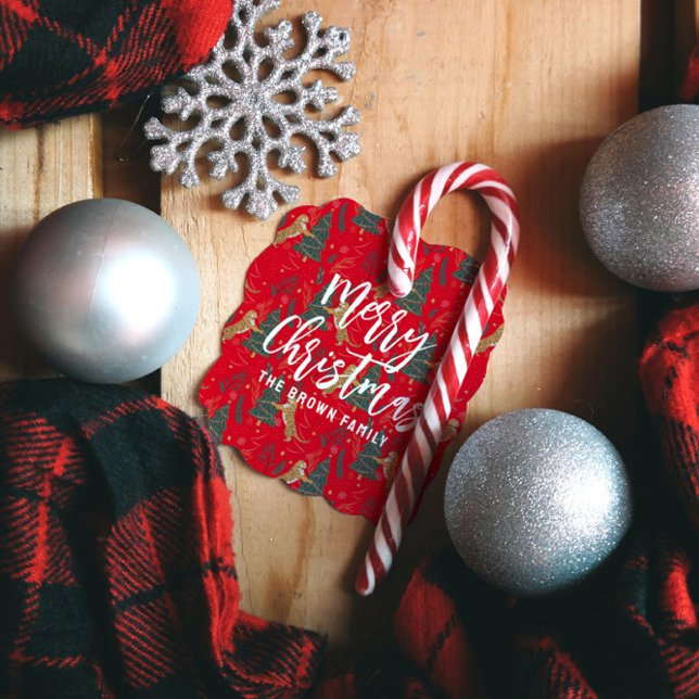 Étiquettes Cadeau Arbres de Noël & tigres motif rouge arrière - plan (Créateur téléchargé)