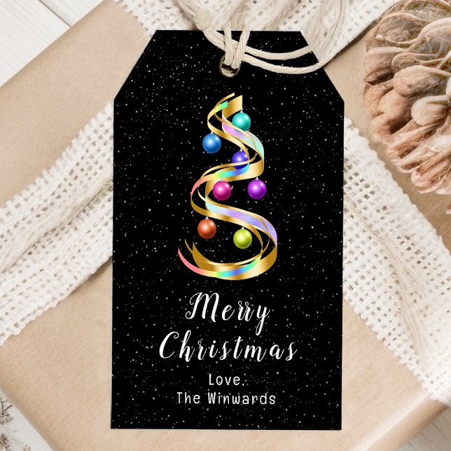 Étiquettes-cadeau Arc en ciel et ornements noirs Joyeux Noël (Créateur téléchargé)