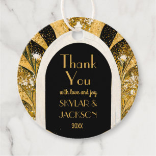 Étiquettes Cadeau Arche Art déco Noir & Or Mariage Merci