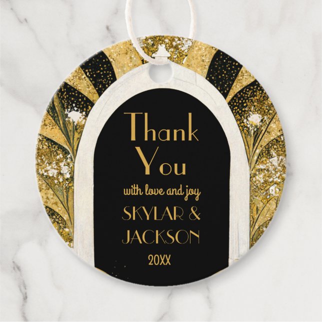 Étiquettes Cadeau Arche Art déco Noir & Or Mariage Merci (Devant)