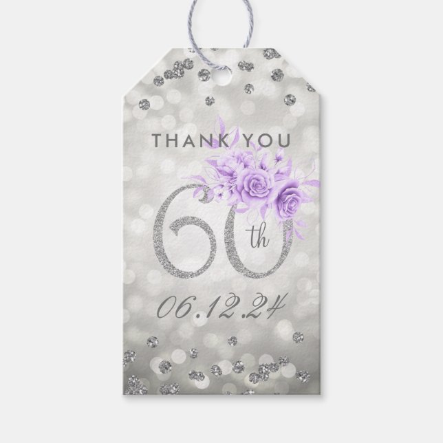 Étiquettes-cadeau Argent 60e anniversaire Merci violet lumières de r (Devant)