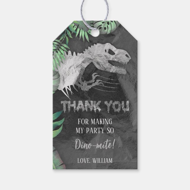Étiquettes-cadeau Argent Dinosaur Roar Anniversaire (Devant)