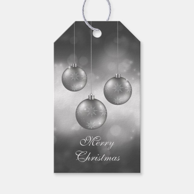 Étiquettes-cadeau Argent Gris Baubles De Noël Sur Red Bokeh (Devant)