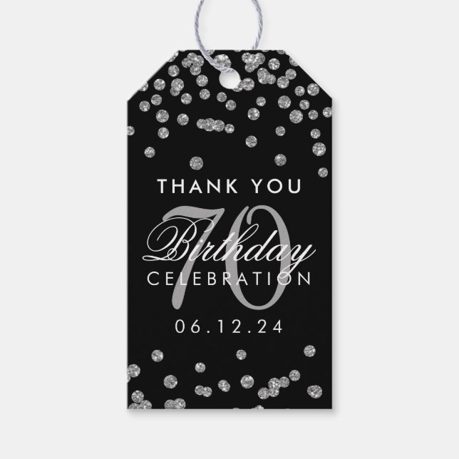 Étiquettes-cadeau Argent Noir 70e anniversaire Merci Confetti (Devant)