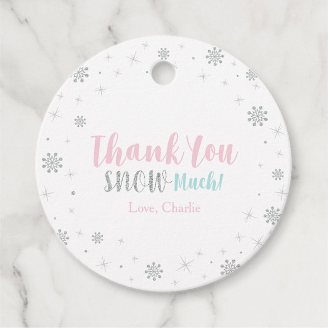 Étiquettes Cadeau Argent, rose et bleu Merci d'hiver (Devant)