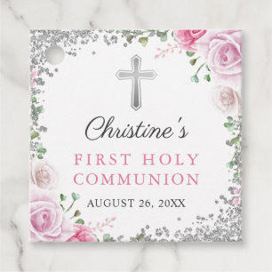 Étiquettes Cadeau Argent rose Floral Premier Saint Communion Merci