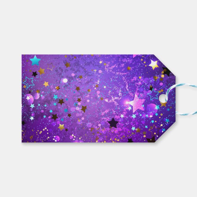 Étiquettes-cadeau Arrière - plan de feuille violet avec étoiles (Devant (Horizontal))