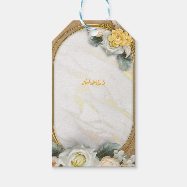 Étiquettes-cadeau Arrière - plan Mandala Gold avec Roses Blanches (Devant)