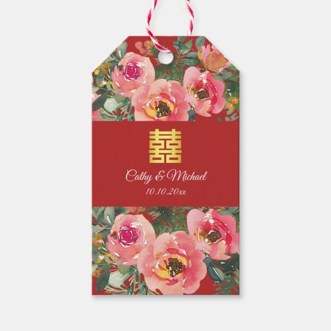 Étiquettes-cadeau Arrière - plan rose double bonheur symbole (Devant)