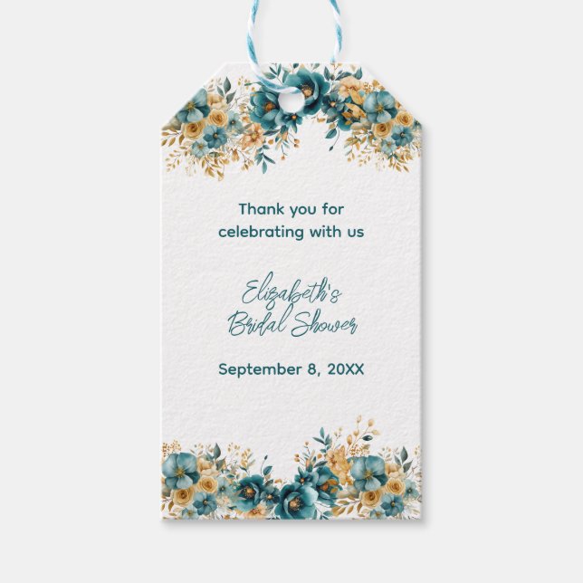 Étiquettes-cadeau Arroseur de mariage floral aquarelle sarcelle or (Devant)