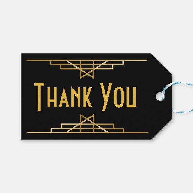 Étiquettes-cadeau Art Déco Merci Black & Gold Great Gatsby Party (Devant (Horizontal))