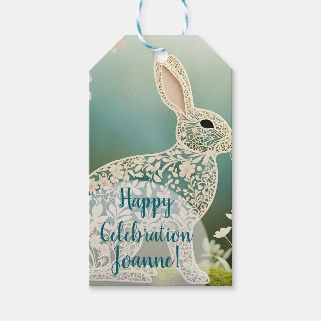 Étiquettes-cadeau Art du printemps du lapin à fleurs blanches (Devant)