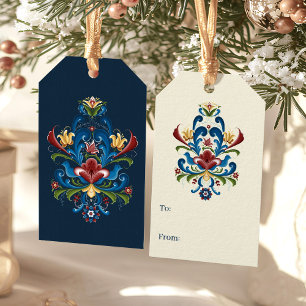 Étiquettes-cadeau Art folklorique scandinave bleu rouge floral Rosem