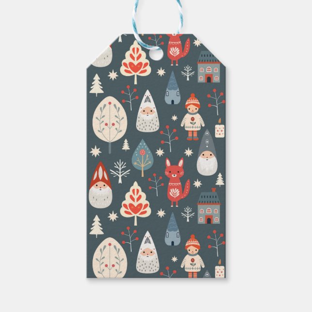 Étiquettes-cadeau Art populaire scandinave avec génomes de Noël (Devant)