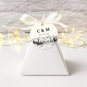 Étiquettes Cadeau Ash Black   Monogramme de mariage croquis de monta