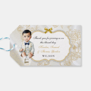 Étiquettes-cadeau Asiatique Baby Boy Baptism Communion Or Blanc