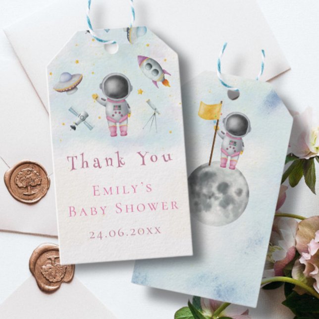 Étiquettes-cadeau Astronaut fille spatiale roquette rose galaxie vai (Créateur téléchargé)