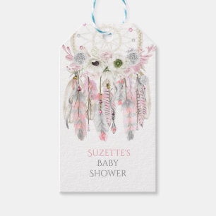 Étiquettes-cadeau Attrape-rêve gris rose flèches plumes rubans