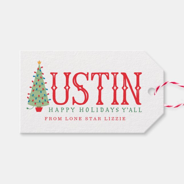 Étiquettes-cadeau Austin, Texas Christmas Tree Joyeux cadeau de vaca (Devant (Horizontal))