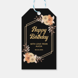 Étiquettes-cadeau Automne Orange Flower Gold Noir Joyeux Anniversair