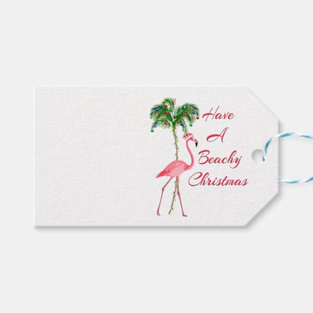 Étiquettes-cadeau Ayez Un Flamant rose De Noël En Plage (Devant (Horizontal))