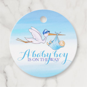 Étiquettes Cadeau Baby boy douche cigogne bleu aquarelle merci