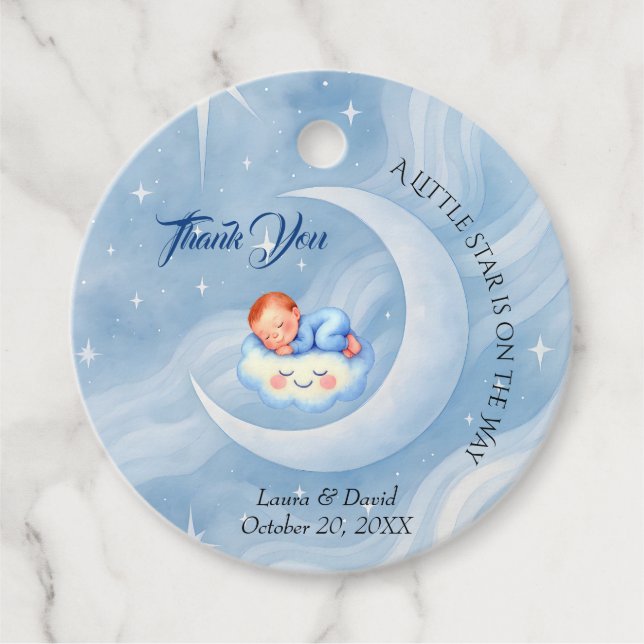 Étiquettes Cadeau Baby Boy Douche Invitation Lune Étoiles Aquarelle (Devant)