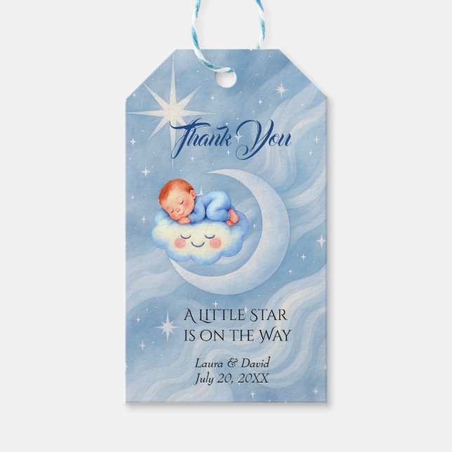 Étiquettes-cadeau Baby Boy Douche Invitation Lune Étoiles Aquarelle (Devant)