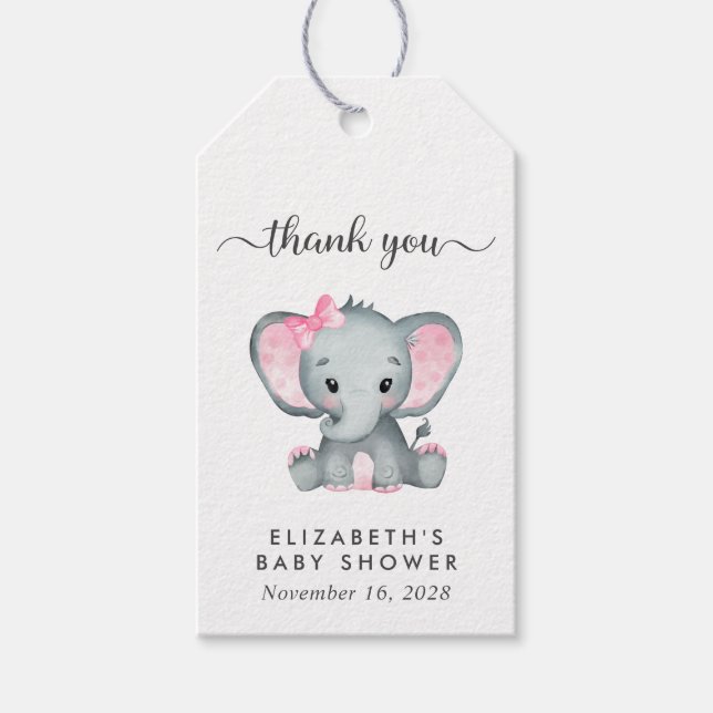 Étiquettes-cadeau Baby Girl Douche rose Elephant Merci (Devant)