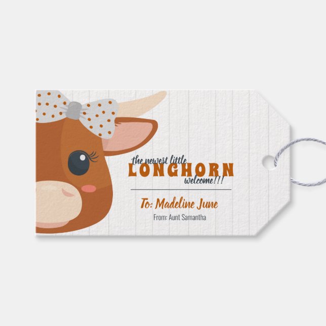Étiquettes-cadeau Baby Girl Longhorn brûlé orange (Devant (Horizontal))