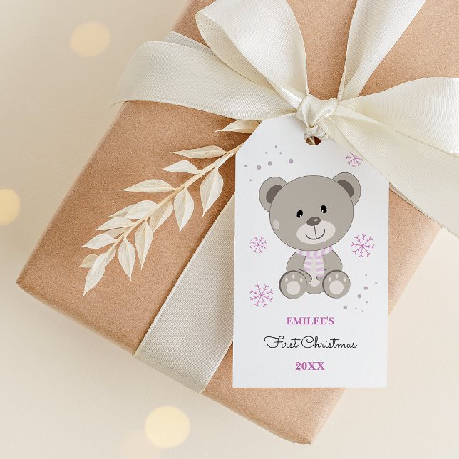 Étiquettes-cadeau Baby Girls First Christmas Teddy Bear Rose (Créateur téléchargé)