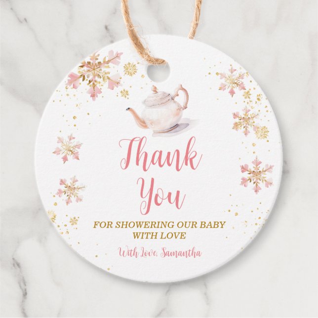 Étiquettes Cadeau Baby Is Brewing Pink Winter Tea Party Baby Shower (Devant)