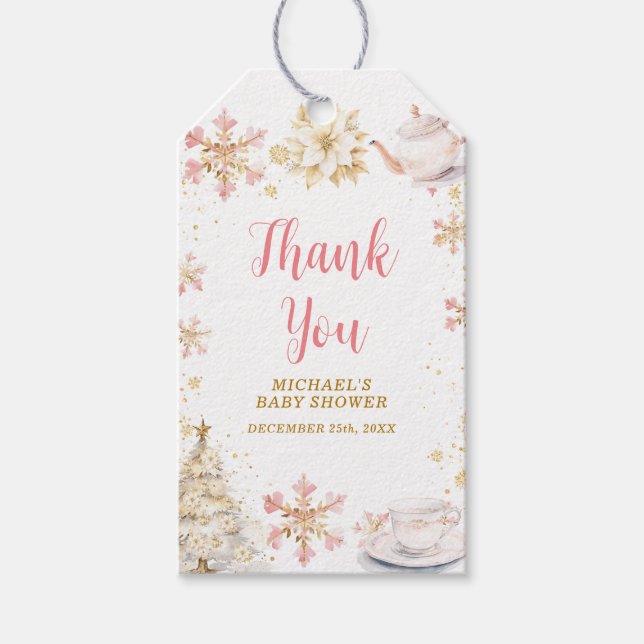 Étiquettes-cadeau Baby Is Brewing Pink Winter Tea Party Baby Shower (Devant)