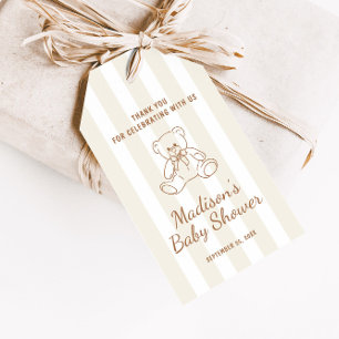 Étiquettes-cadeau Baby shower à rayures neutres de l'ours en peluche