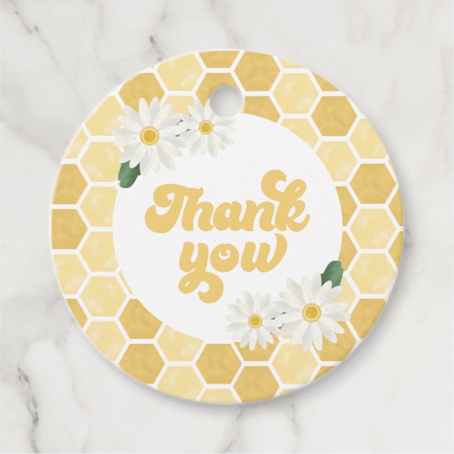 Étiquettes Cadeau Baby shower abeille nid d'abeille et marguerites M (Devant)