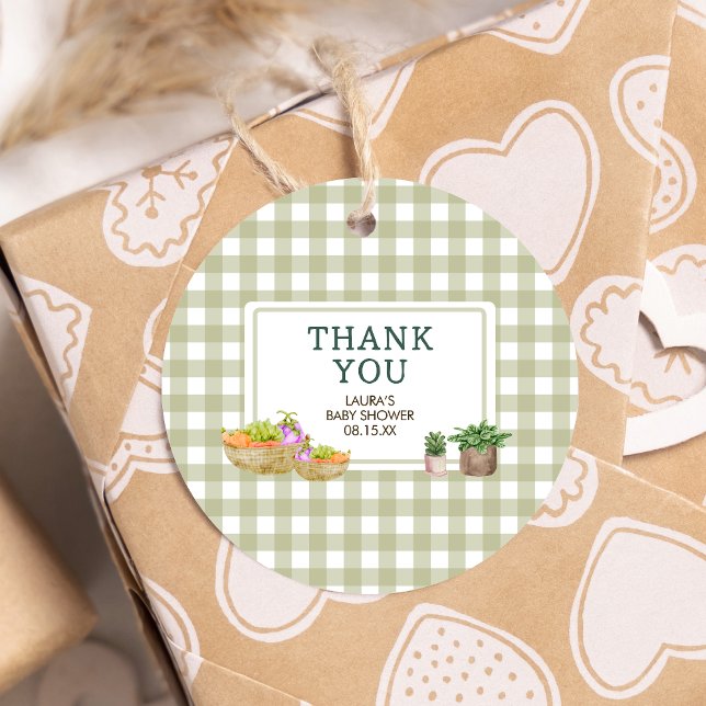 Étiquettes Cadeau Baby shower agricole local (Green Farmers Market Locally Grown Baby Shower Round Favor Tags)