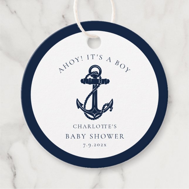 Étiquettes Cadeau Baby shower Ancre bleu marine (Devant)
