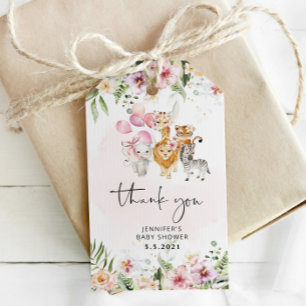 Étiquettes-cadeau Baby shower animal safari rose merci