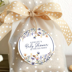 Étiquettes Cadeau Baby Shower aquarelle bohème à la fleur bleue sauv