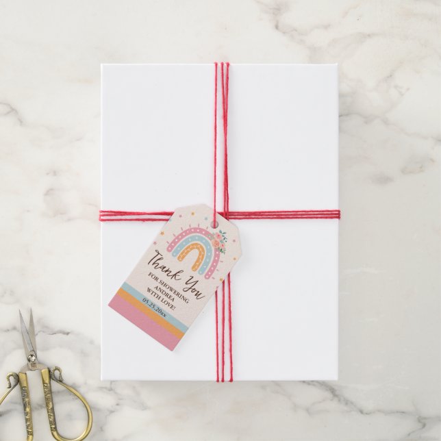 Étiquettes-cadeau Baby shower arc-en-ciel rose (Avec de la ficelle)