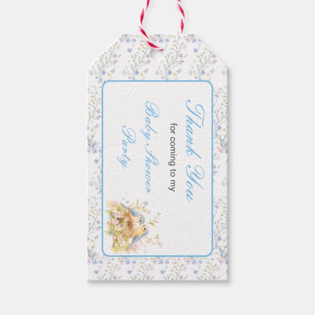 Étiquettes-cadeau Baby shower aux oiseaux de printemps (Devant)
