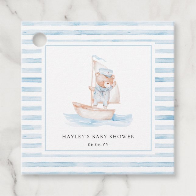 Étiquettes Cadeau Baby shower Bear Bleu Stripe (Devant)