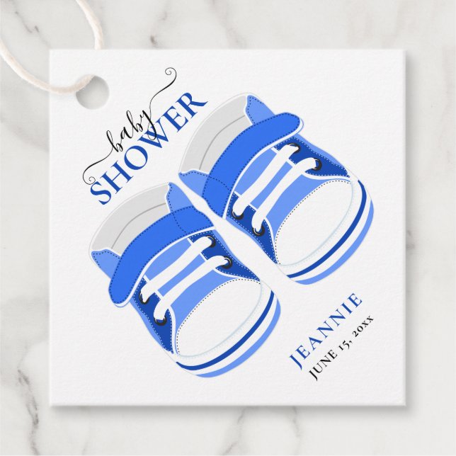 Étiquettes Cadeau Baby shower BÉBÉ GARÇON BLEU BOOTIES (Devant)