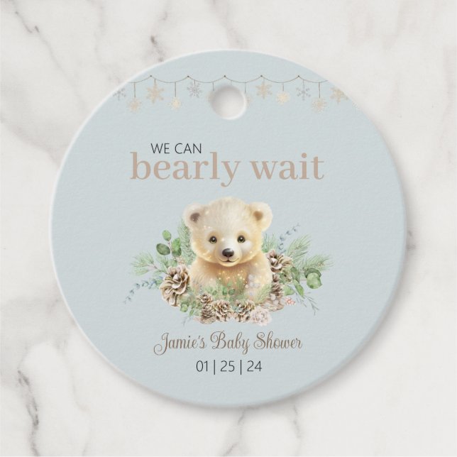Étiquettes Cadeau Baby shower Bleu D'Hiver Nous Pouvons Attendre (Devant)